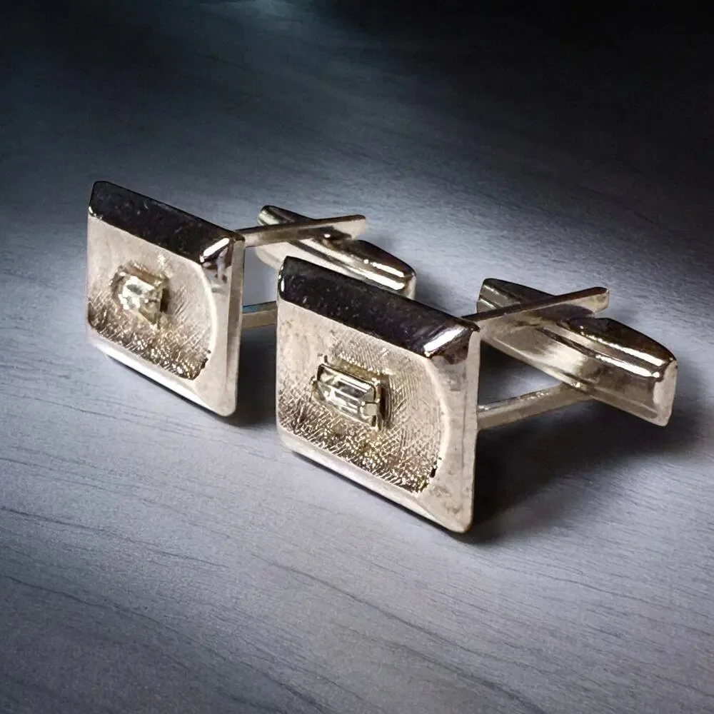 VTG Pioneer Cufflinks Mens Silver Tone Emerald Cut Glass Jewels Bullet Locking